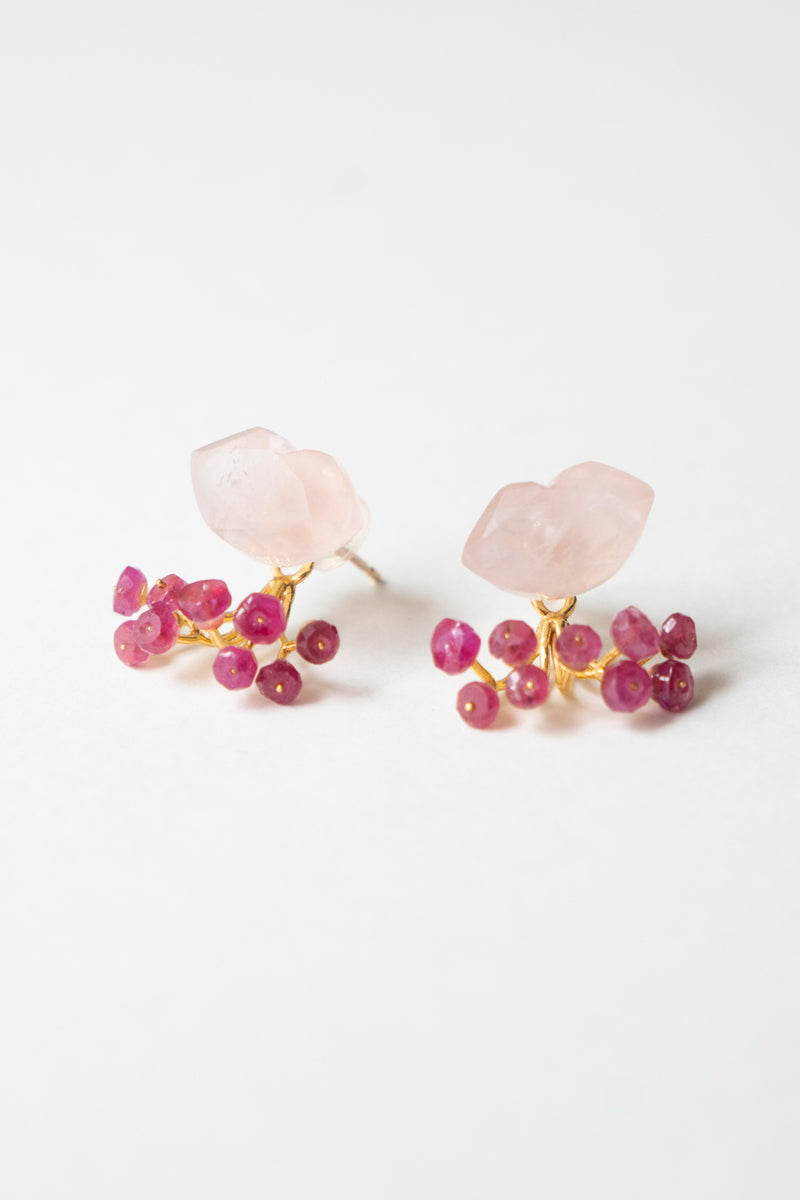 bohem fairy earrings Rose quartz*Pink sapphire pierced earrings